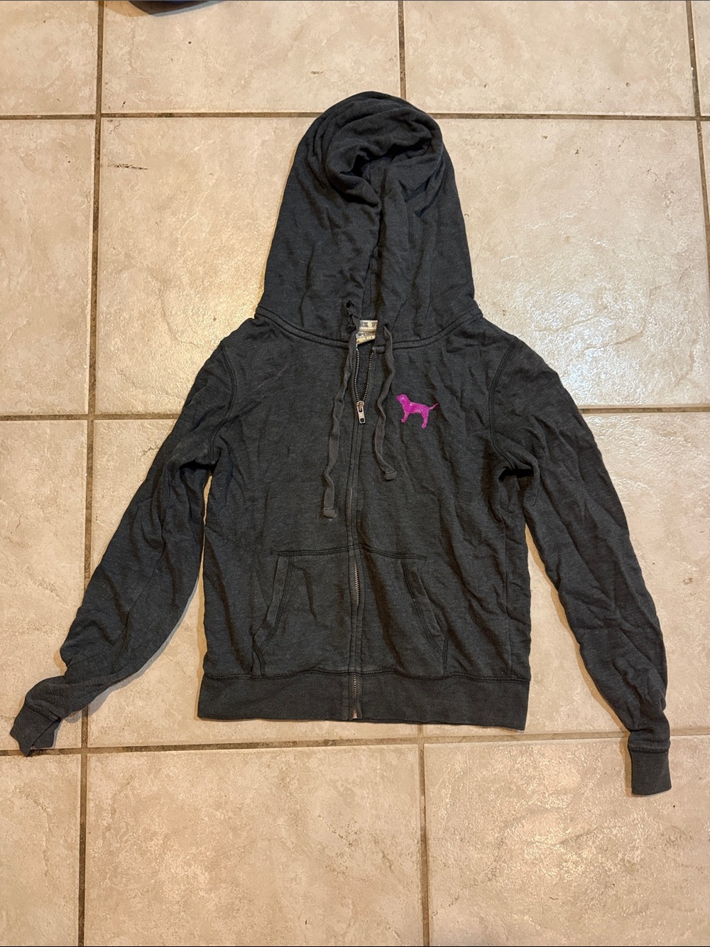 PINK Victoria's Secret Charcoal Gray Zip-Up Hoodie with Pink Dog Logo